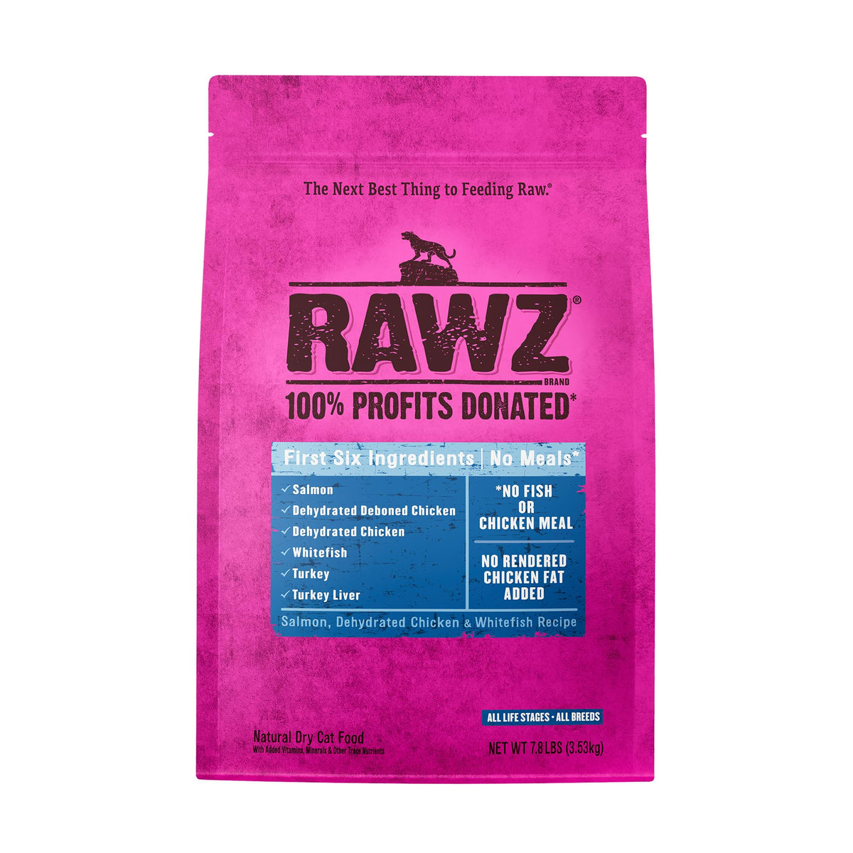 Rawz Salmon, Dehydrated Chicken & Whitefish recipe bag shows high-protein, grain-free cat food
