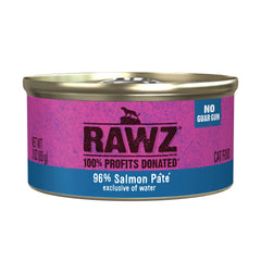 RAWZ Salmon Pate can front label highlights BPA-free can and premium ingredients.