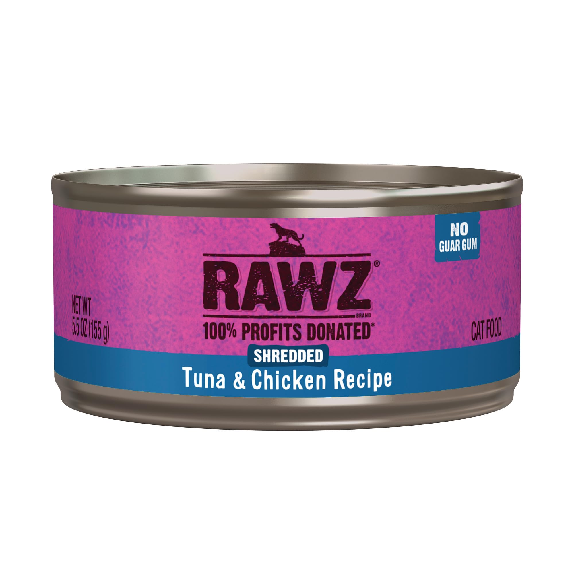Rawz tuna-chicken can front view showcasing premium shredded cat food for meals.