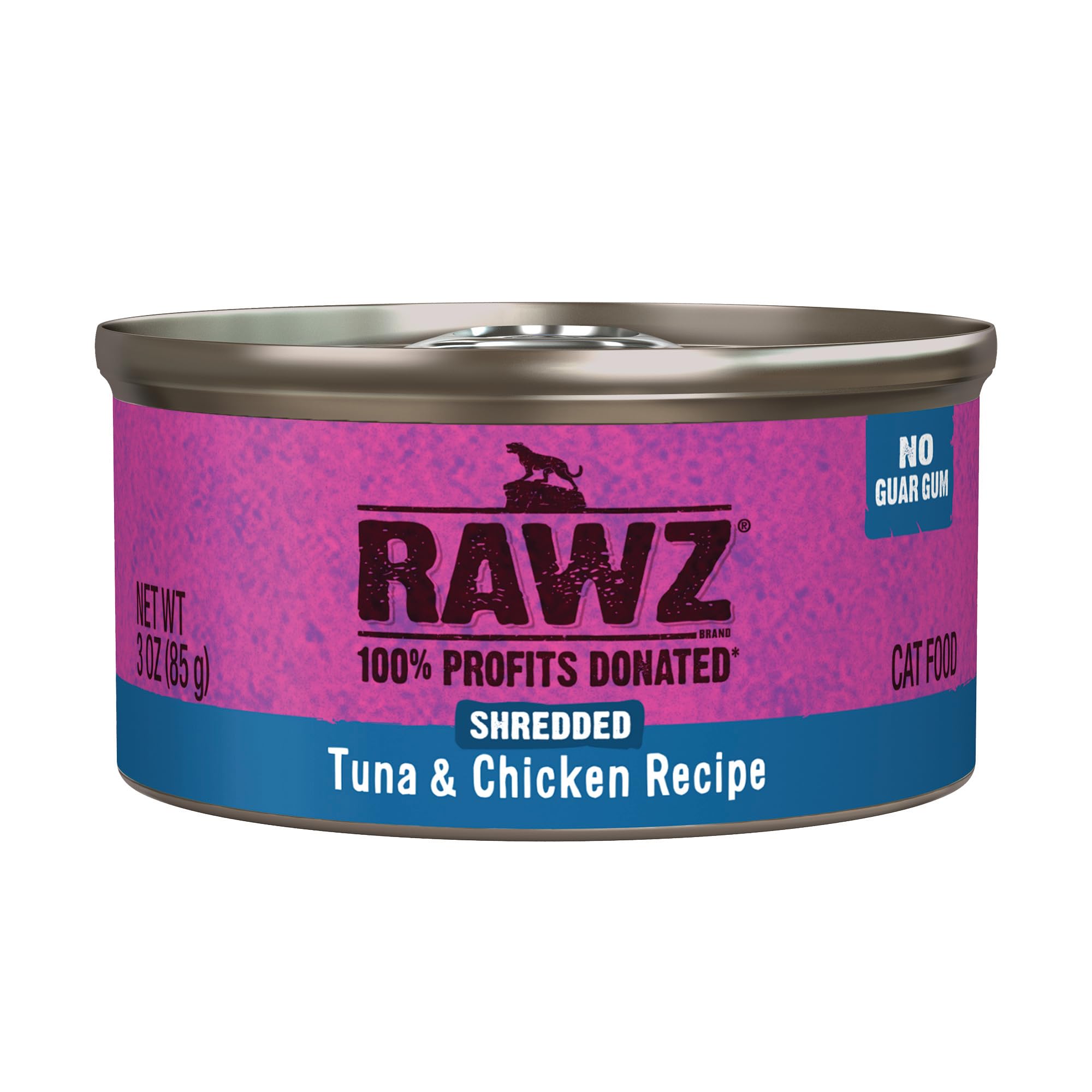 Rawz tuna and chicken wet food case pack shows convenient 18 cans feeding solution.