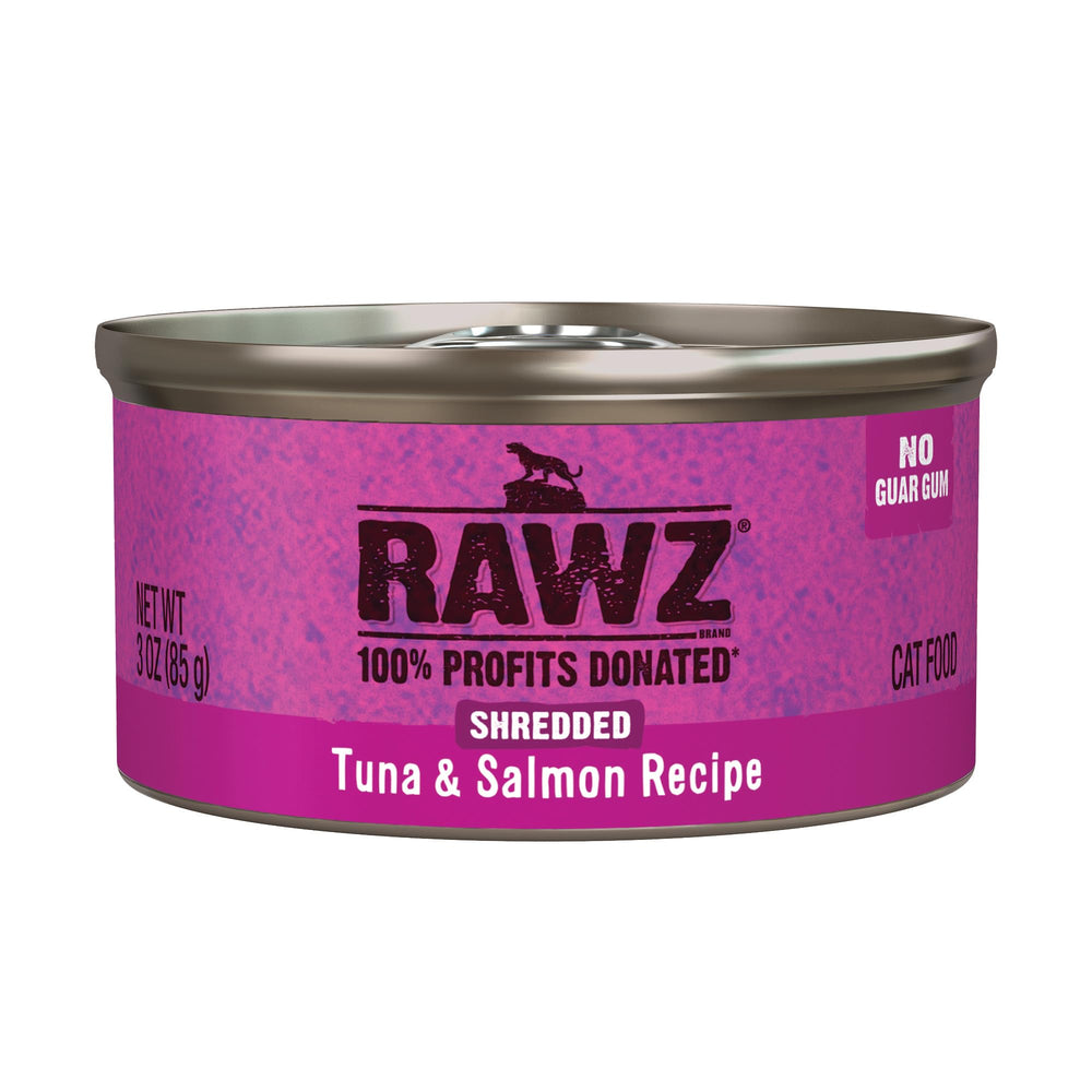Rawz tuna-salmon wet cat food can 3oz, ready to serve as a protein-rich meal.