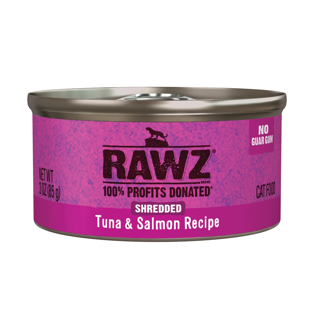 Rawz tuna-salmon wet cat food can 3oz, ready to serve as a protein-rich meal.
