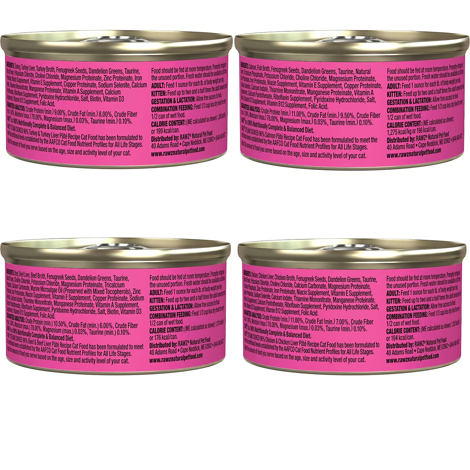 Rawz variety-pack cans stacked to showcase flavor options for cats.