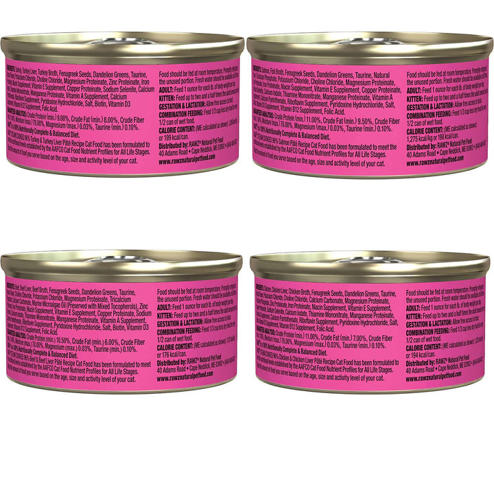 Rawz variety-pack cans stacked to showcase flavor options for cats.