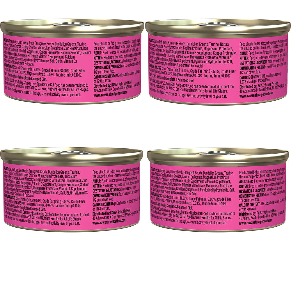 Rawz variety-pack cans stacked to showcase flavor options for cats.