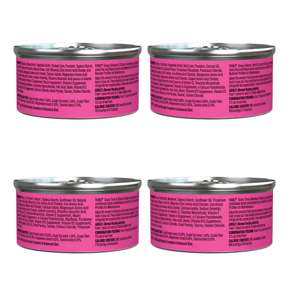 RAWZ variety pack four flavors 3oz cans offers meal variety for picky eaters