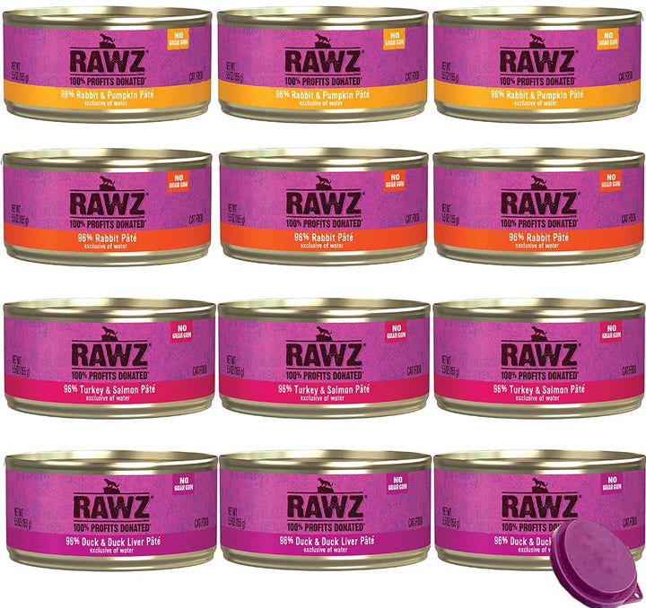 Rawz 12-pack variety of cat food cans shown from the front.