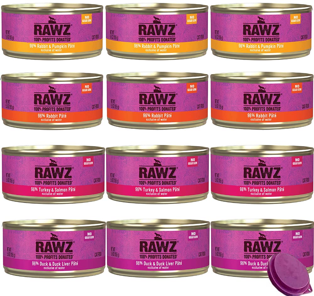Rawz 12-pack variety of cat food cans shown from the front.