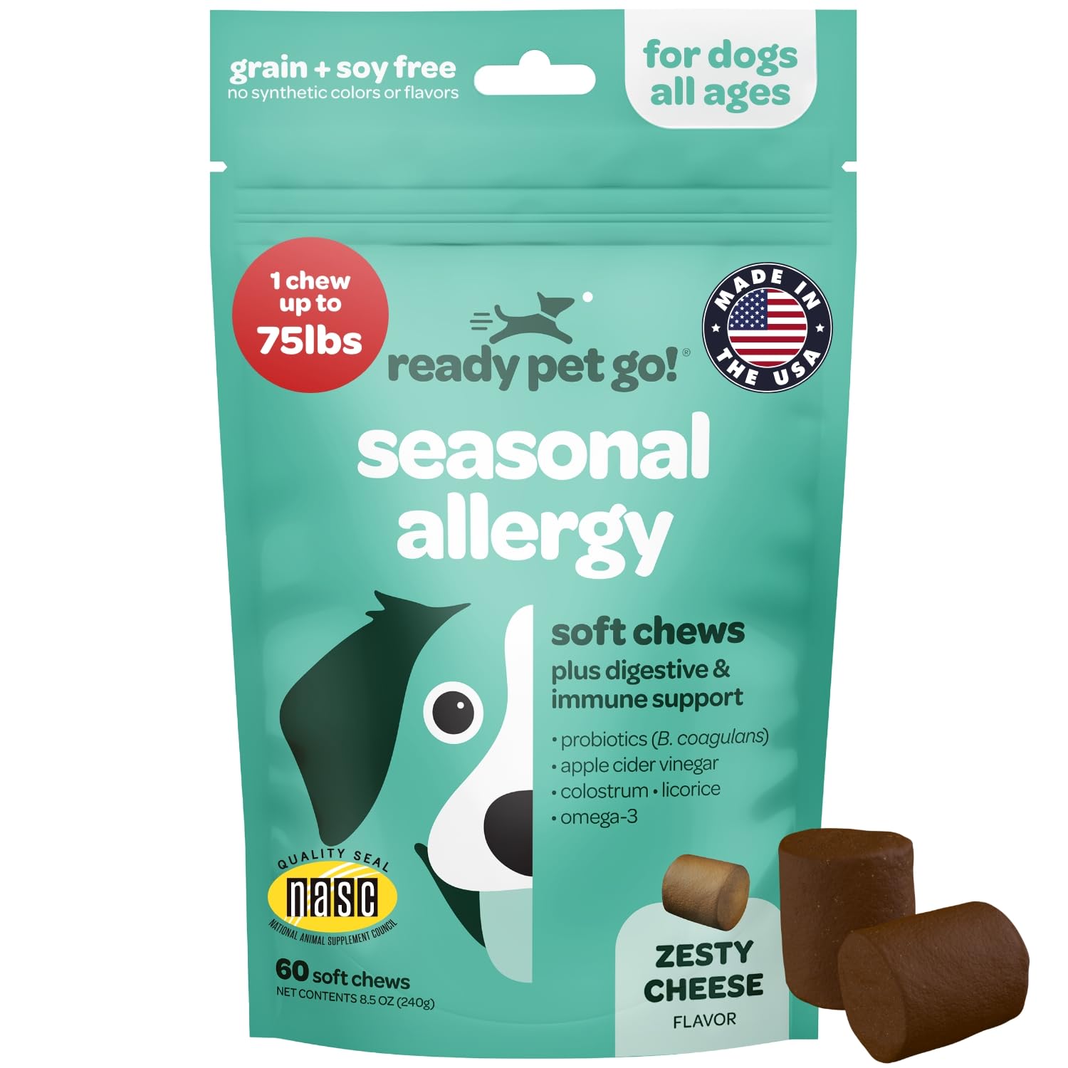 Ready Pet Go dog allergy chews bottle highlights USA made quality and skin support ingredients