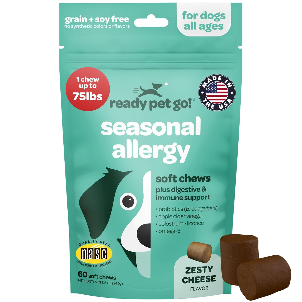 Ready Pet Go dog allergy chews bottle highlights USA made quality and skin support ingredients