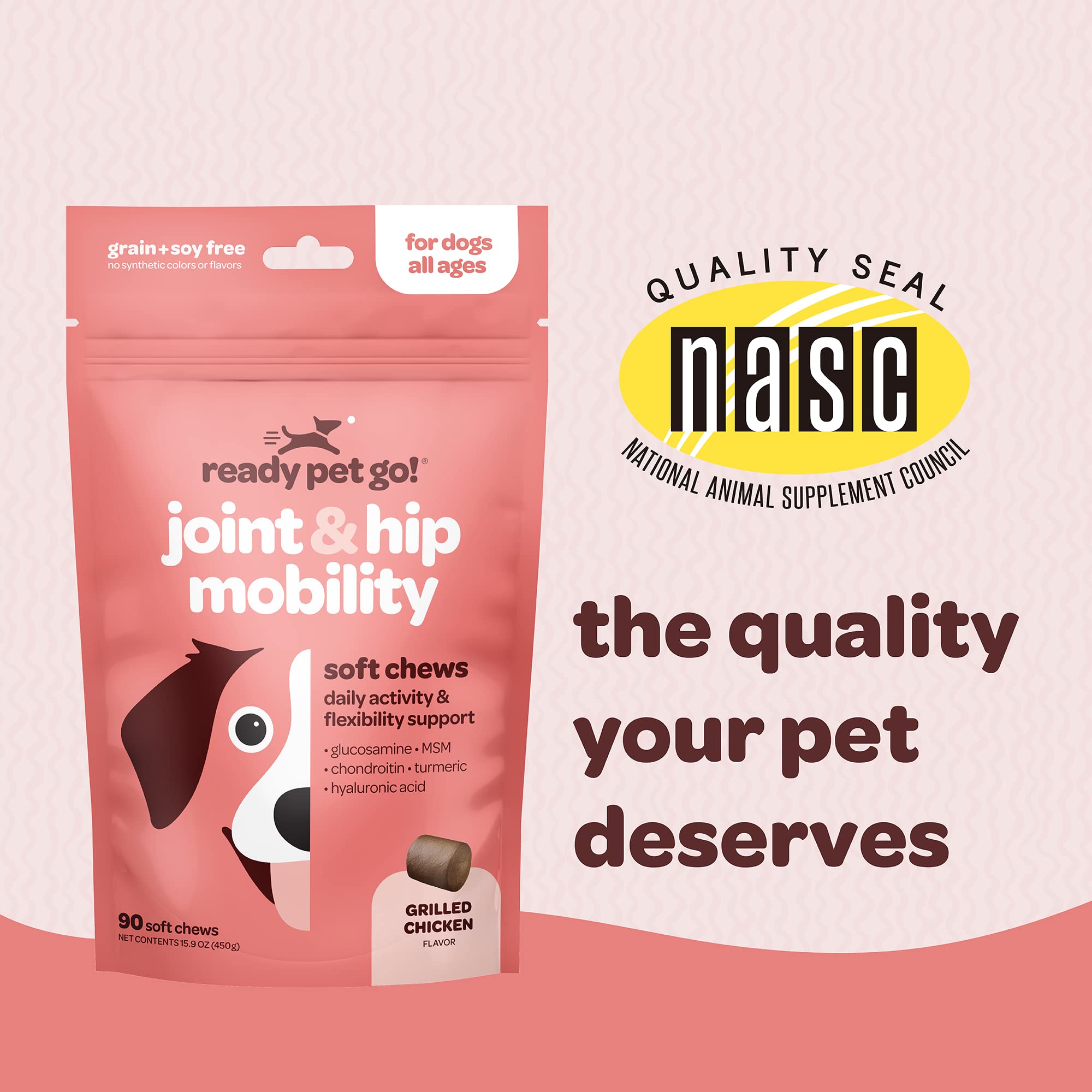 Ready Pet Go ingredients board shows glucosamine chondroitin and turmeric combination