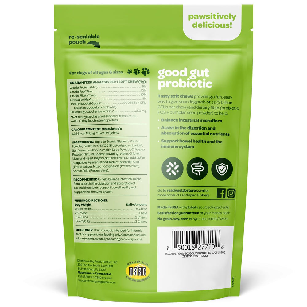 Ready Pet Go probiotic chews closeup treats reveals chewy texture for tasty gut health.