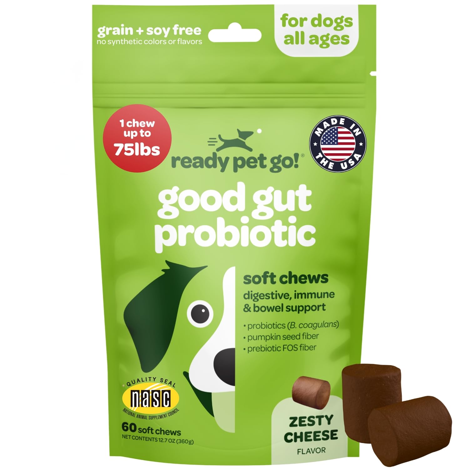 Ready Pet Go probiotic chews for dogs bottle pour promotes easy daily digestion support.
