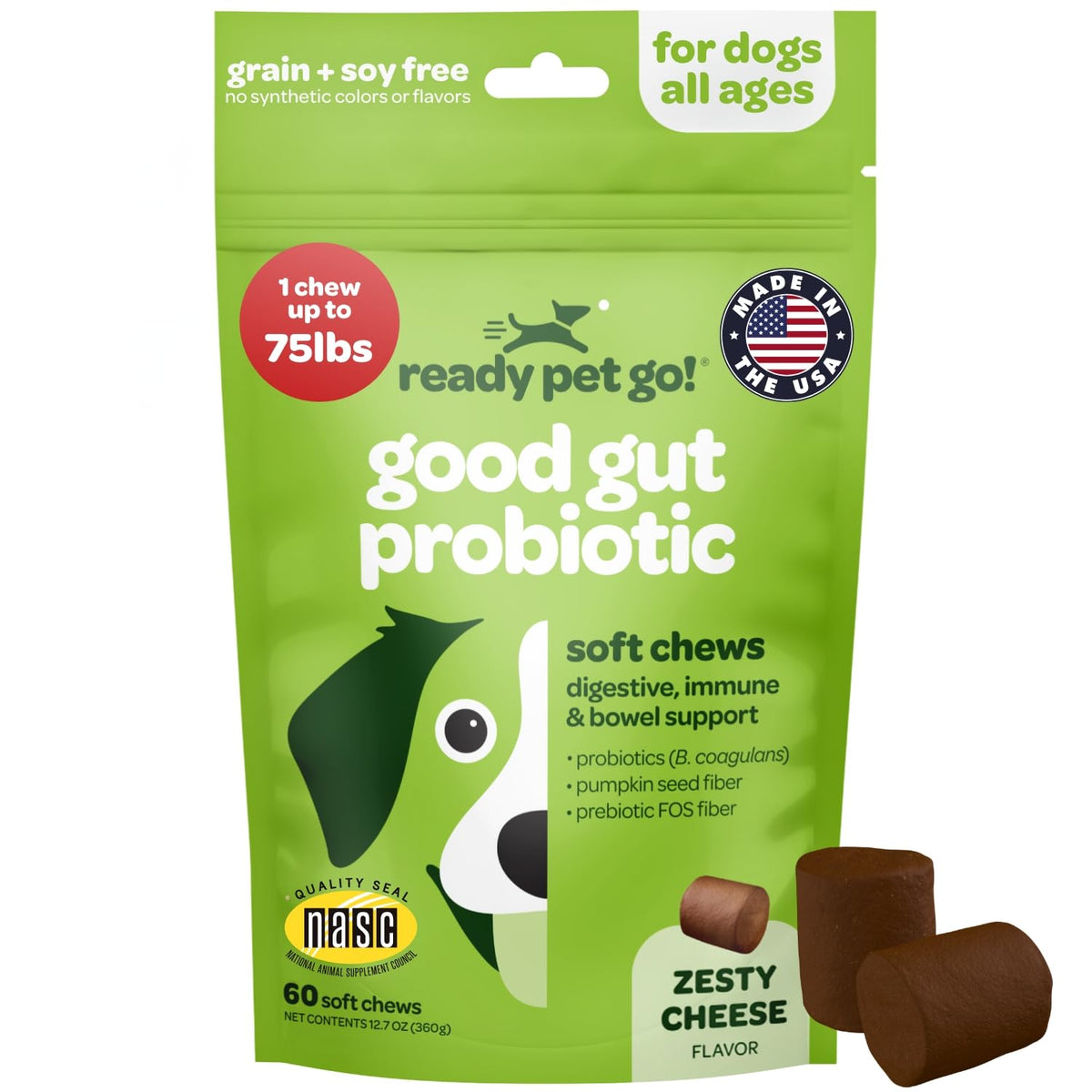 Ready Pet Go probiotic chews for dogs bottle pour promotes easy daily digestion support.