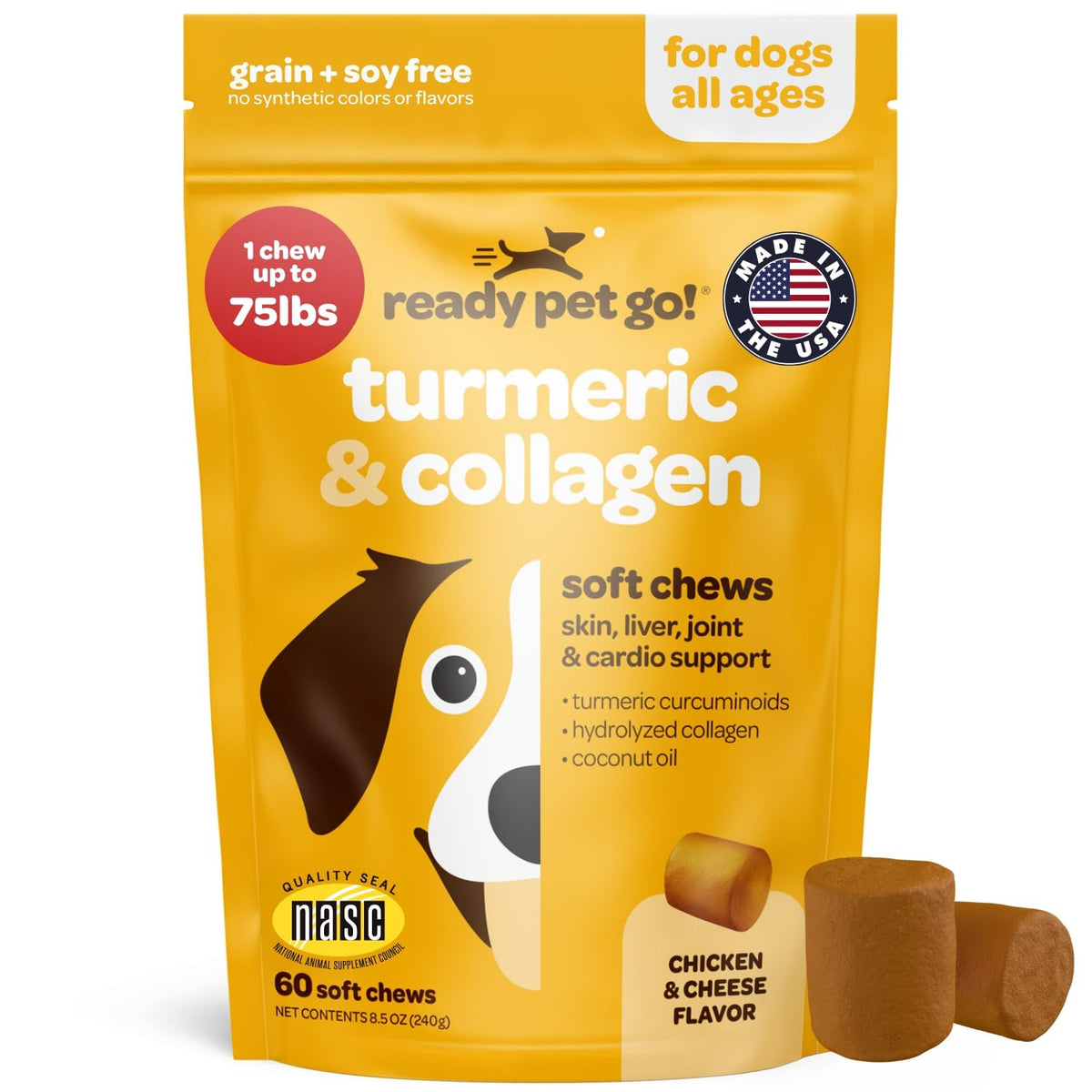 Ready Pet Go turmeric dog chews bottle, showcasing joint support and tasty, veterinarian-approved ingredients.