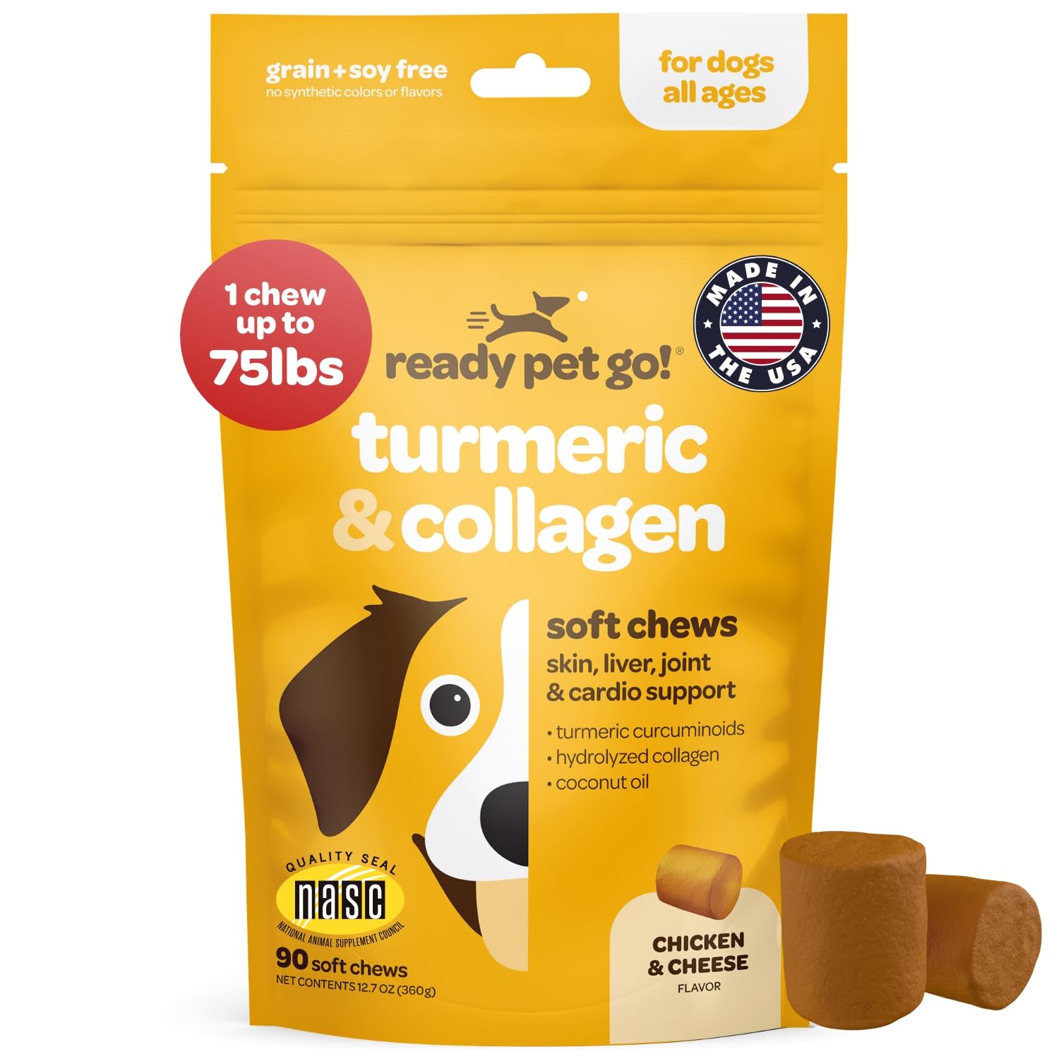 Ready Pet Go turmeric dog chews packaging highlighting USA-made joint support