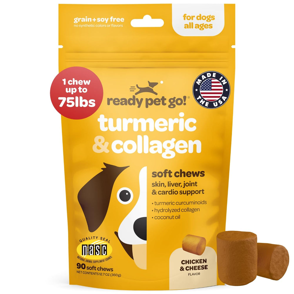 Ready Pet Go turmeric dog chews packaging highlighting USA-made joint support