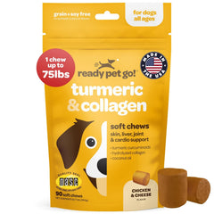 Ready Pet Go turmeric dog chews packaging highlighting USA-made joint support