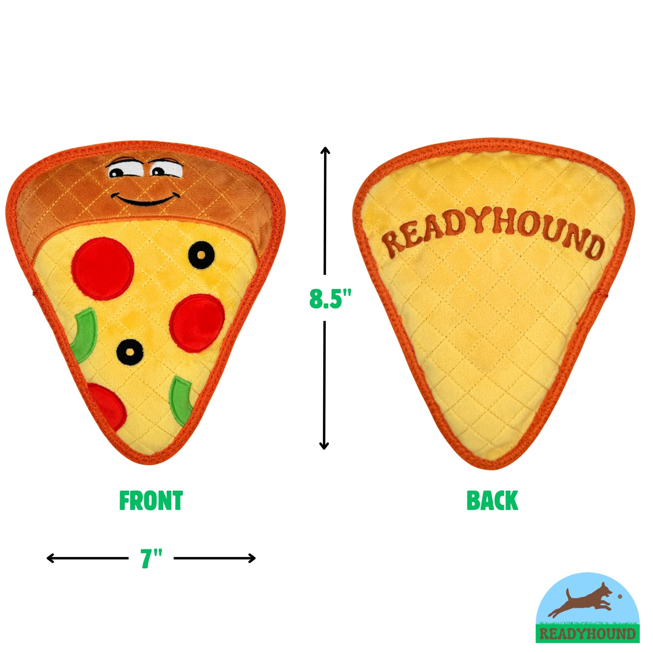 ReadyHound Pizza Dog Toy cross-stitching detail emphasizes durability.
