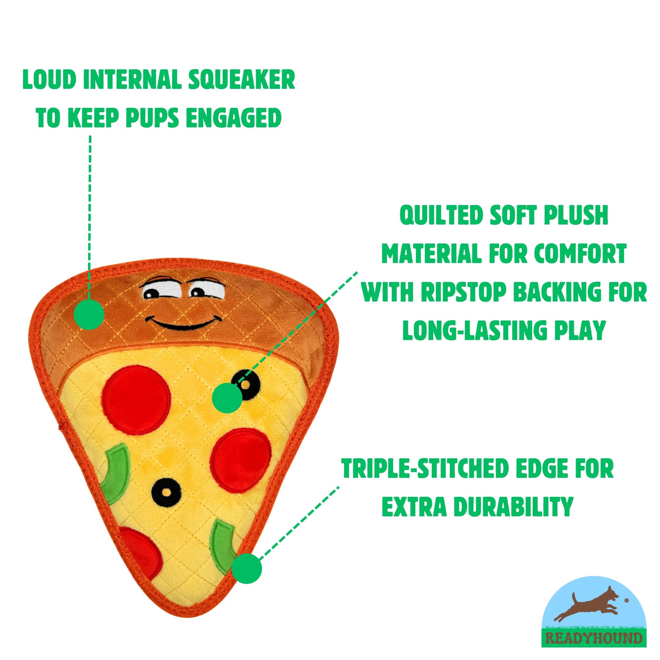 ReadyHound Pizza Dog Toy interior squeaker visible to highlight interactive sound.