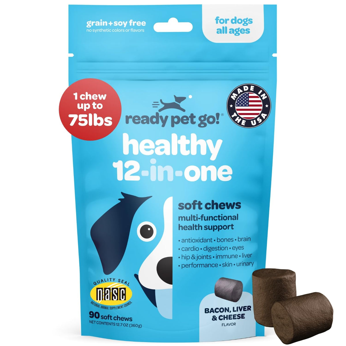 Ready Pet Go 12-in-1 dog multivitamin chews in a jar promote joint comfort and vitality