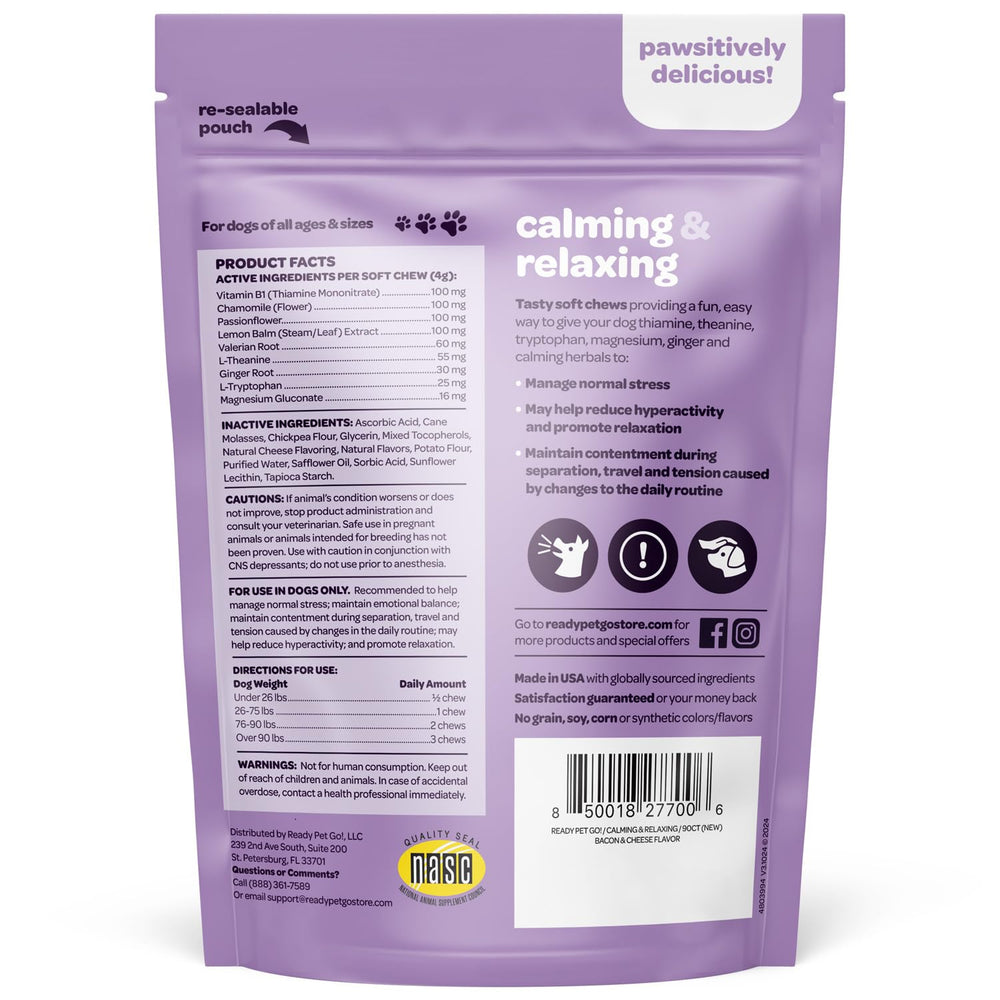 Ready Pet Go Calming Chews label back — NASC-certified reliability for pet owners.