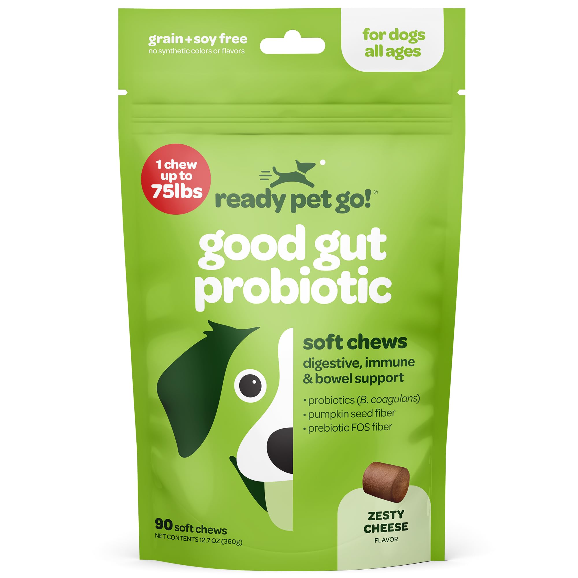 Ready Pet Go! probiotic chews benefits icons layout conveys gut health potential