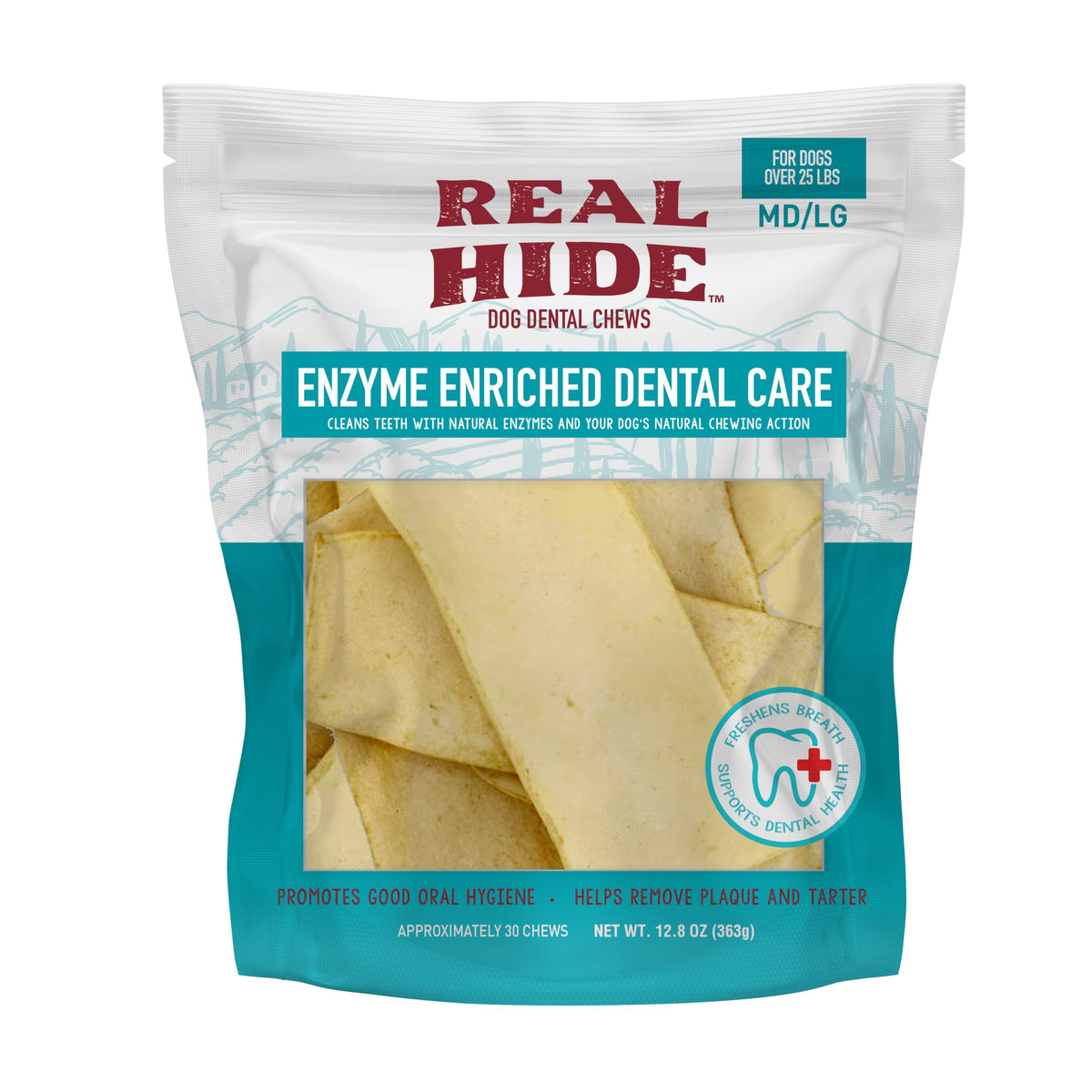 Real Hide dental chews packaging showcasing branding for routine dental care.