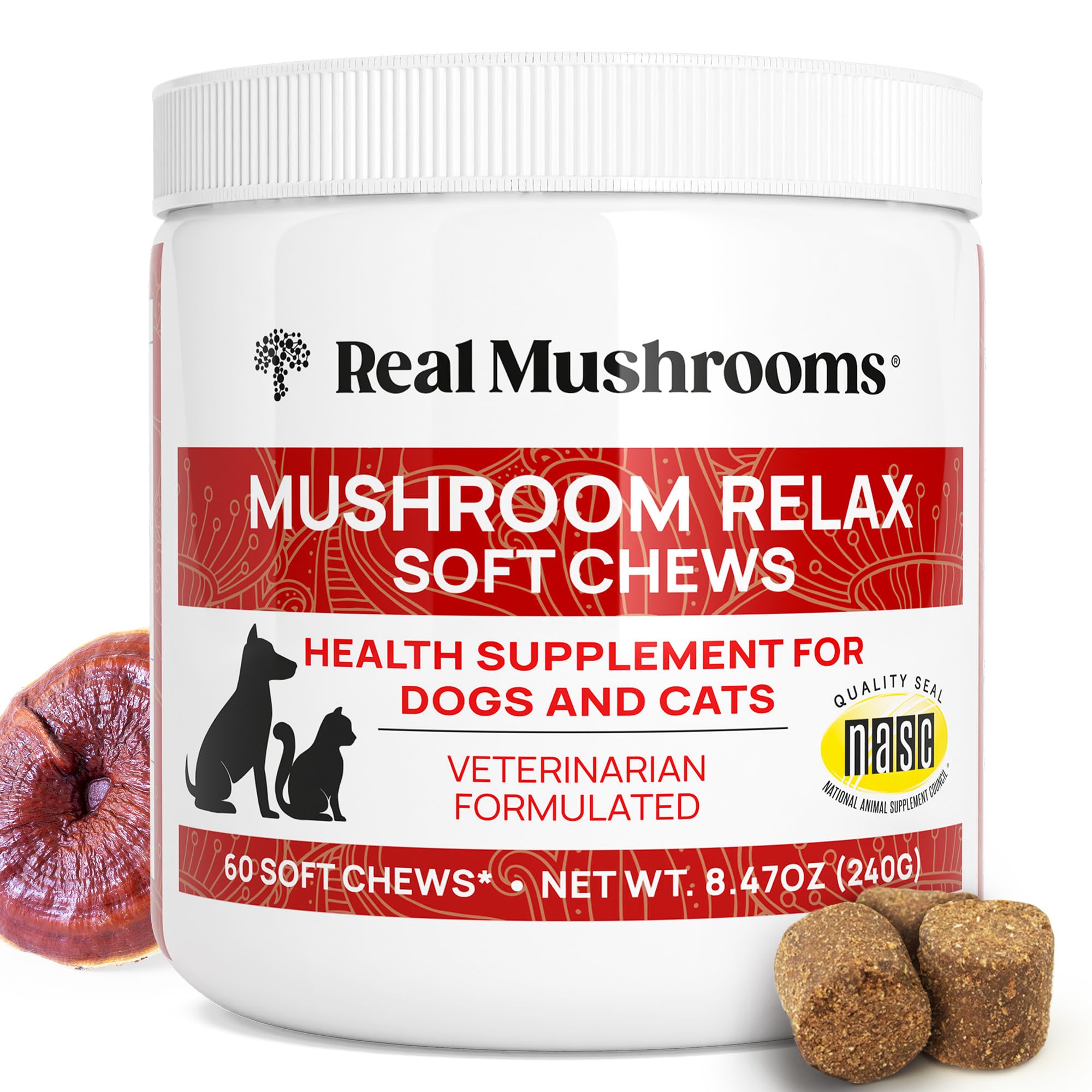 Real Mushrooms Calming Chews bottle pour for dogs and cats supporting daily composure.