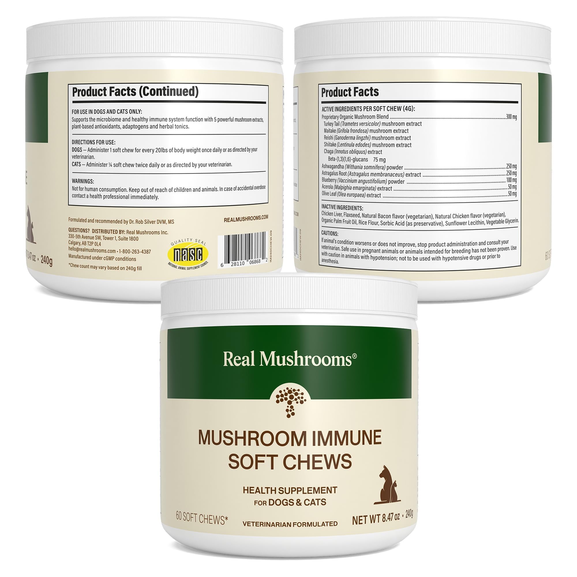 Real Mushrooms Immune Pet Chews 60-count packaging—convenient cupboard staple.