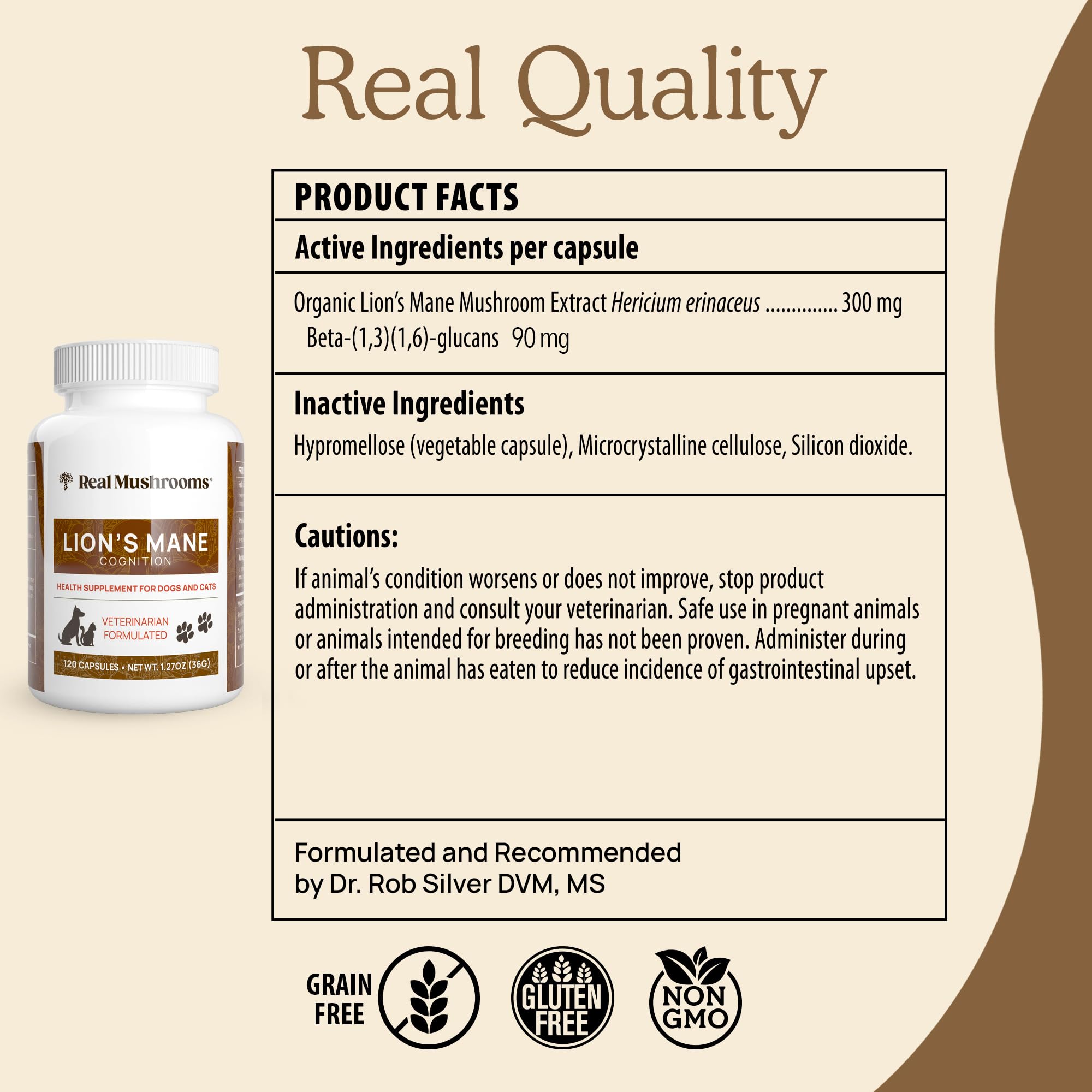 Real Mushrooms Lion’s Mane bottle side view showing 120-count supply option.