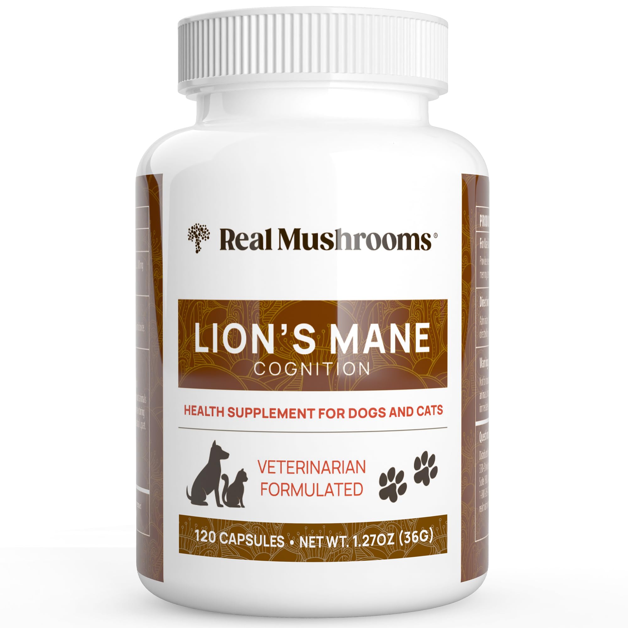 Real Mushrooms Lion’s Mane pet supplement bottle supports mindful routines for cats and dogs.