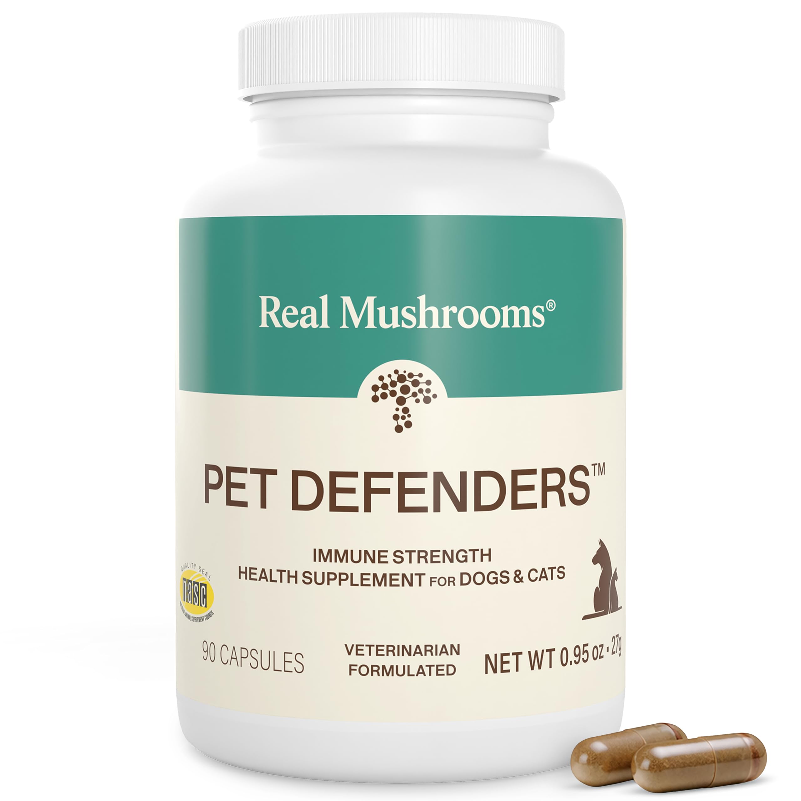 Real Mushrooms Pet Defenders bottle pour for easy daily dosing in dogs and cats.
