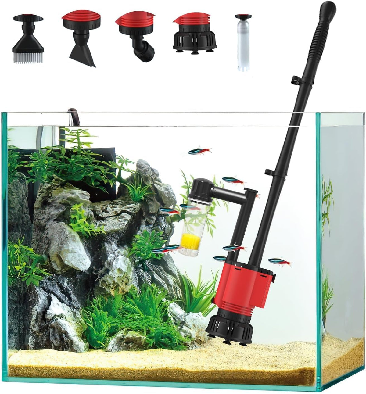 Rechale electric aquarium gravel cleaner vacuum demonstrates thorough substrate cleaning with strong suction.
