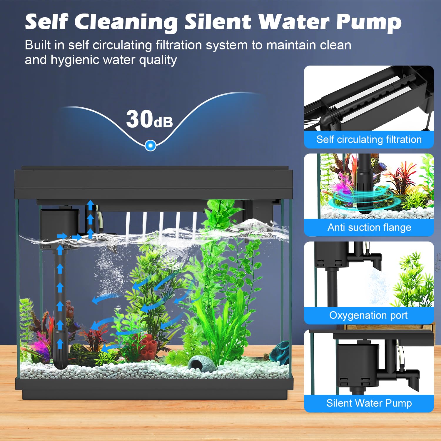 Rechale silent pump provides quiet oxygenation for a peaceful aquarium