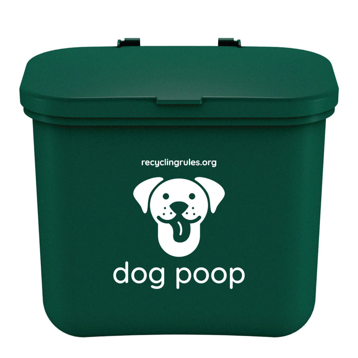 Recycling Rules green hanging wastebasket holding 7-14 dog poop bags for easy disposal.