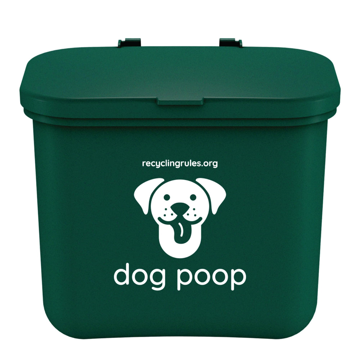Recycling Rules green hanging wastebasket holding 7-14 dog poop bags for easy disposal.
