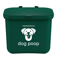 Recycling Rules green hanging wastebasket holding 7-14 dog poop bags for easy disposal.
