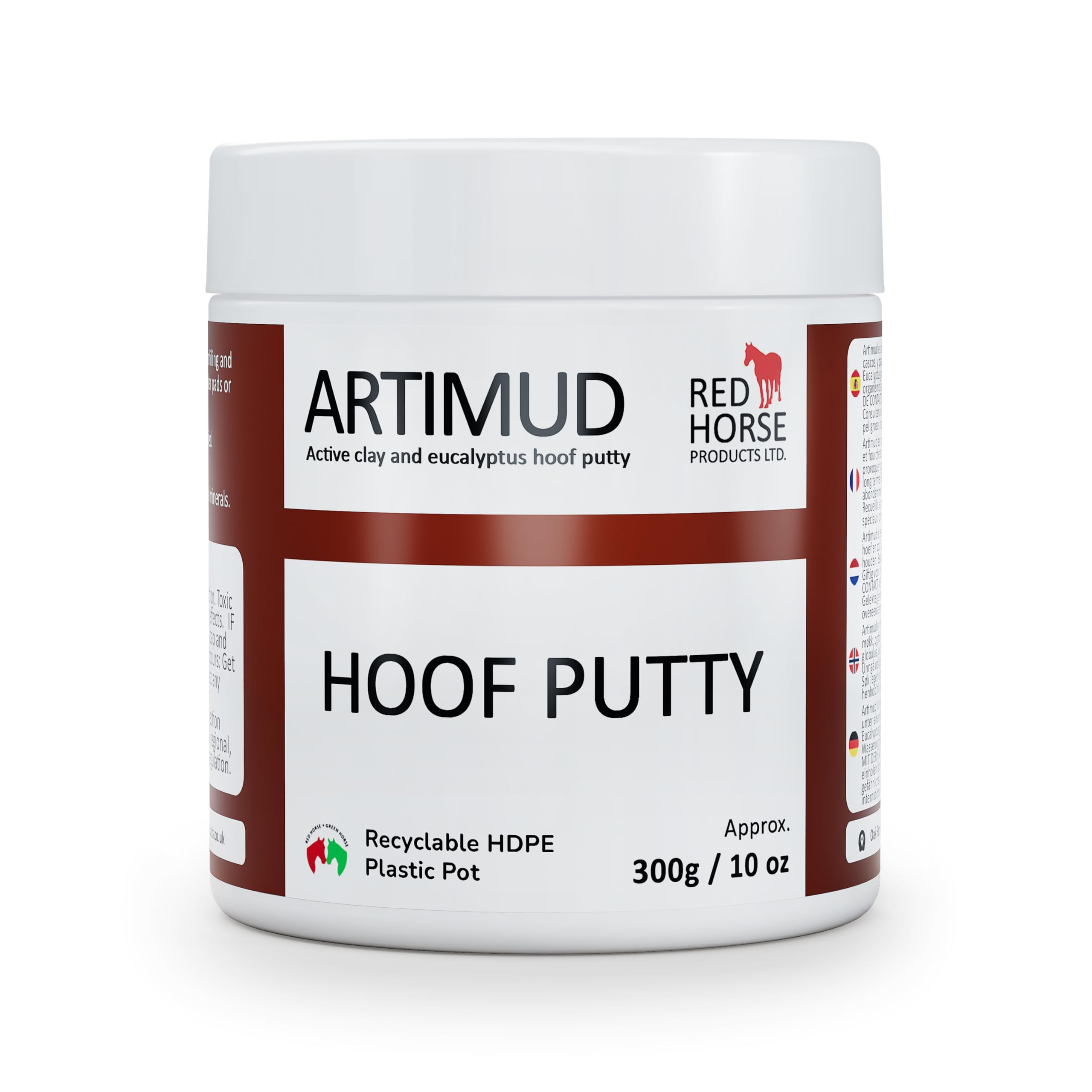 Red Horse Artimud hoof putty bottle shows natural thrush support for routine care.