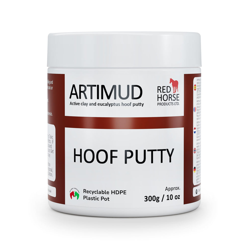 Red Horse Artimud hoof putty bottle shows natural thrush support for routine care.