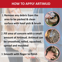 Artimud applied under a shoe to support hoof protection during wear.