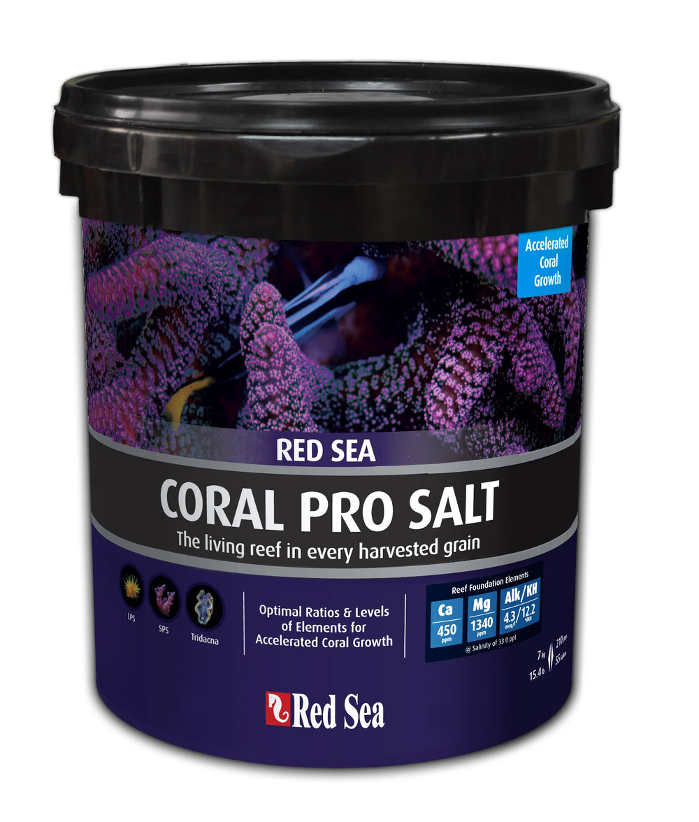 Red Sea Coral Pro Salt mix bucket front label showcases reef-ready formula for stability.