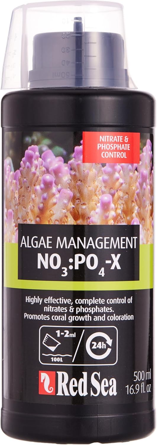 Red Sea NO3:PO4-X 500ml bottle in reef tank setup for nutrient control.