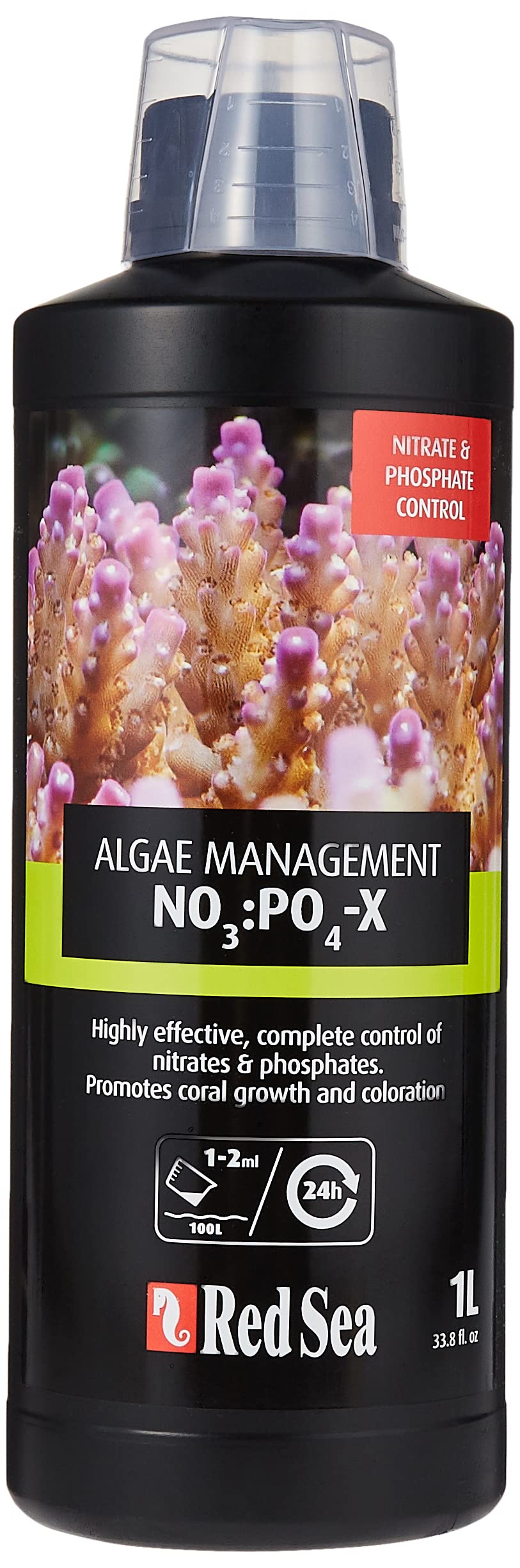 Red Sea NO3:PO4-X bottle front for reef tank nutrient control.