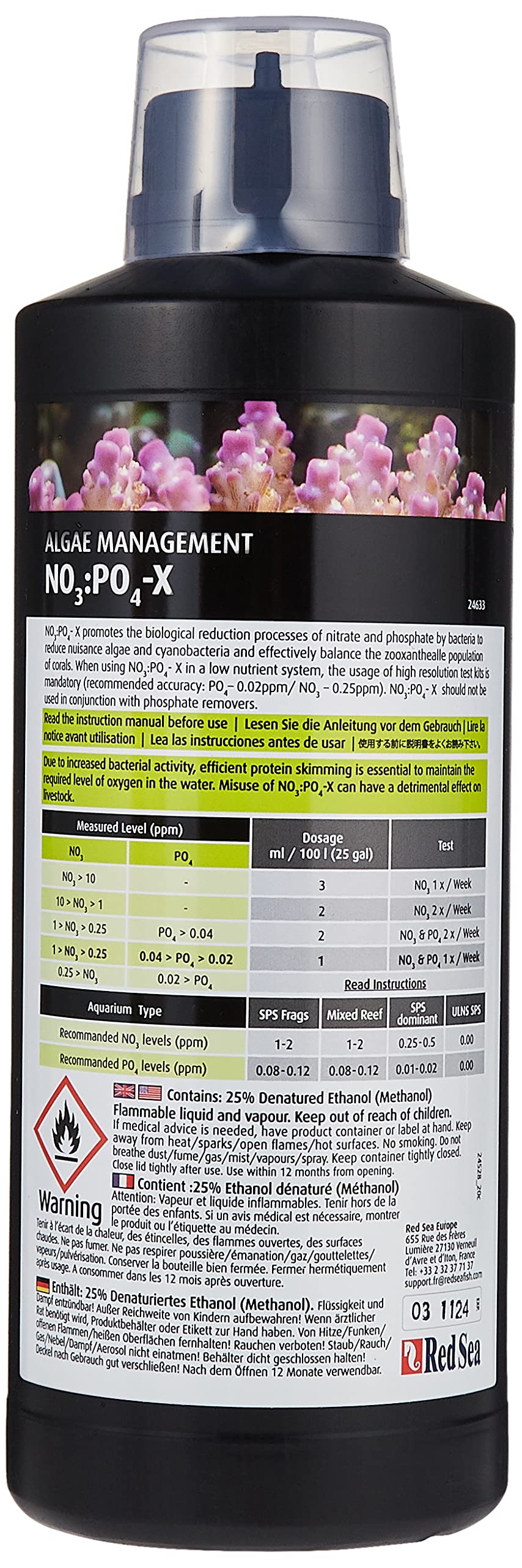 Red Sea NO3:PO4-X label close-up for nitrate and phosphate control.