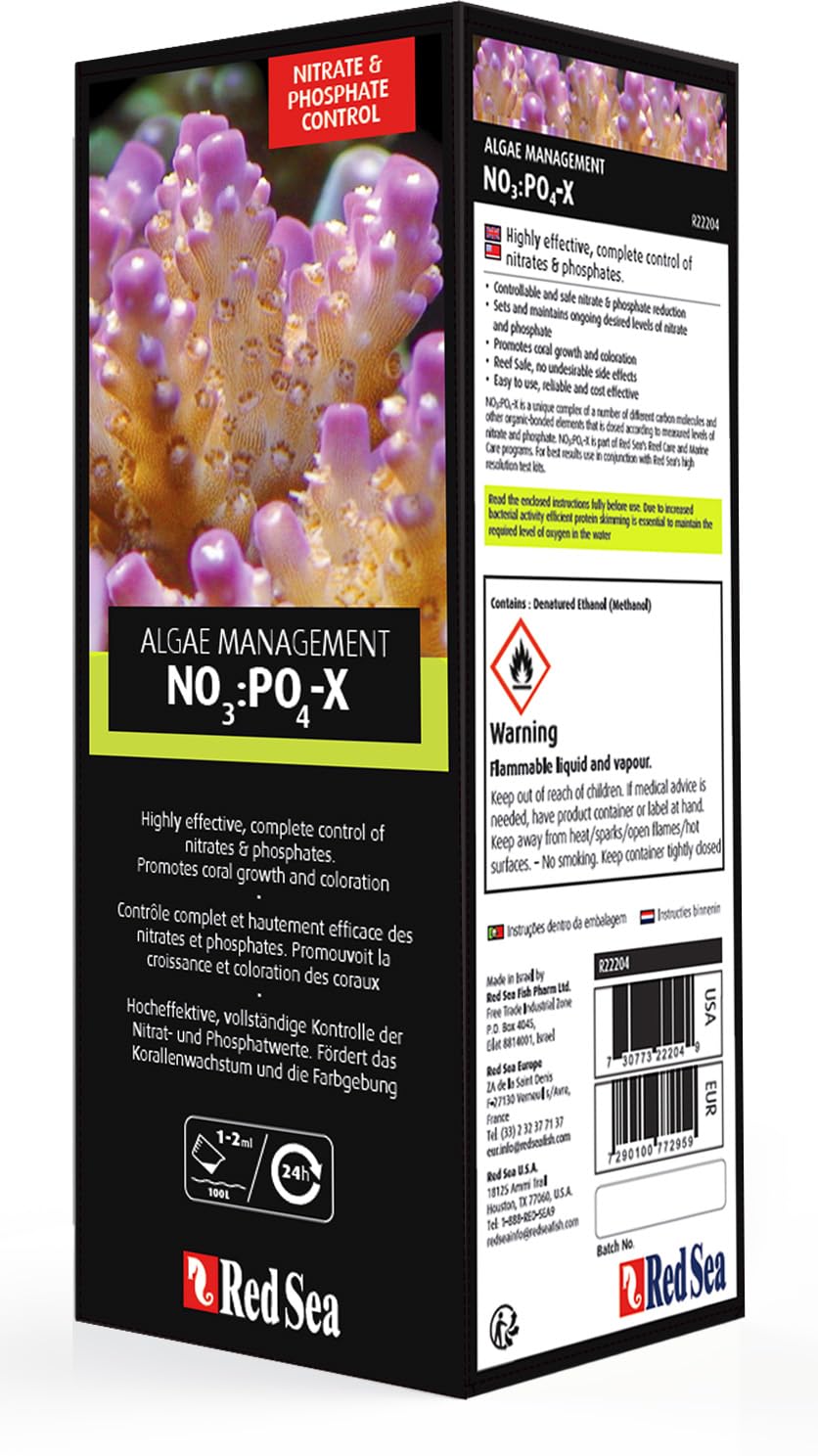 Red Sea NO3:PO4-X packaging and label highlighting size and USA origin.