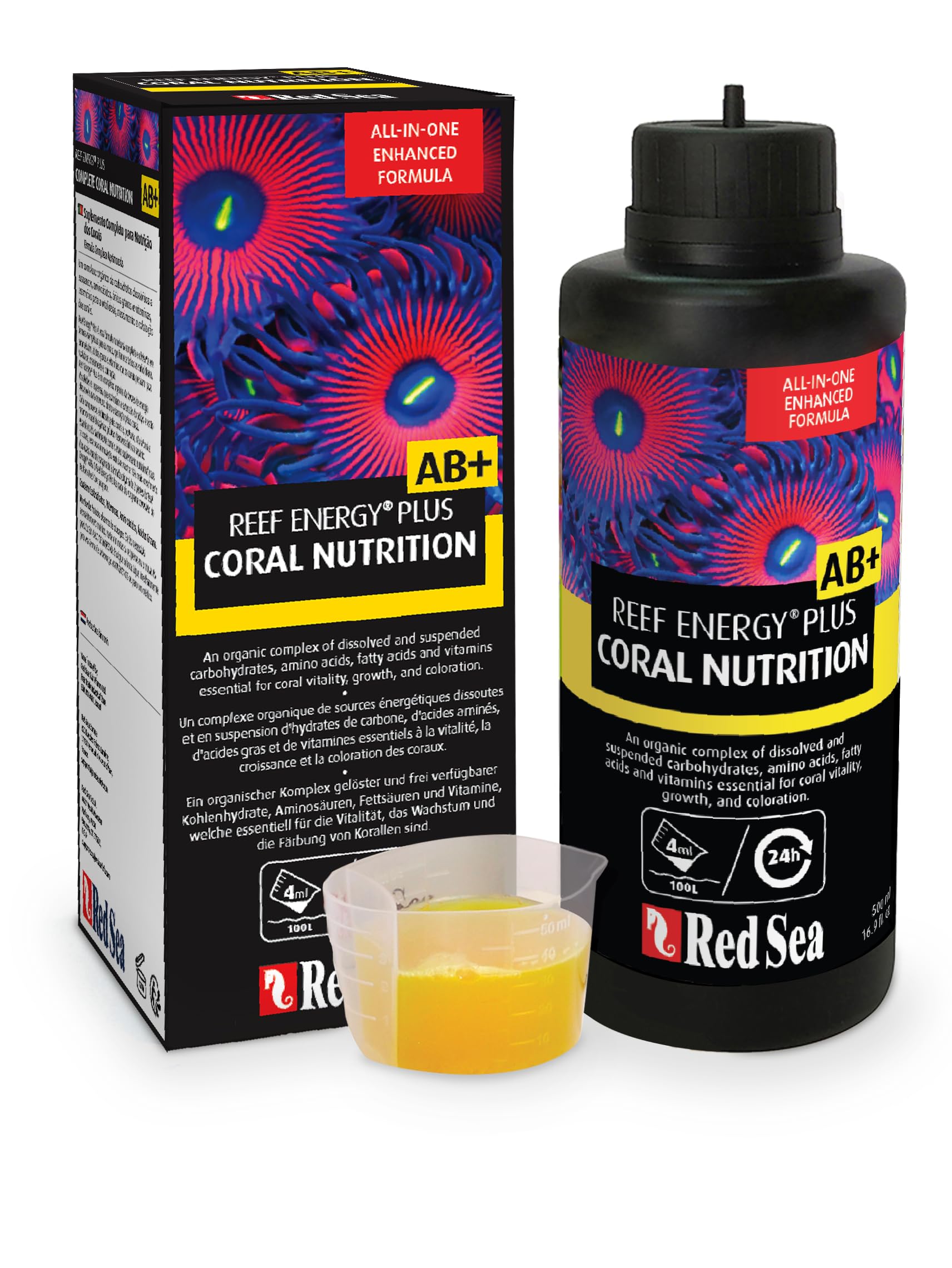 Red Sea Reef Energy Plus 250ml bottle front view promoting vibrant coral coloration