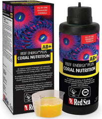 Red Sea Reef Energy Plus bottle front for easy coral feeding in reef tanks.