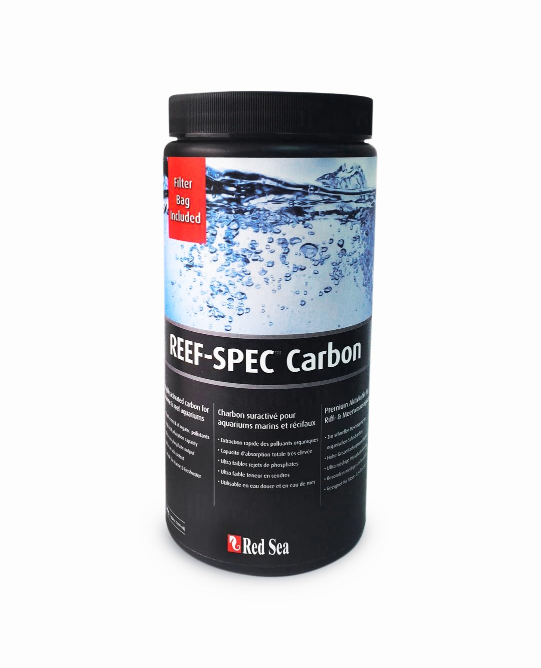 Red Sea Reef SPEC Carbon bottle pour demonstrates rapid pollutant removal in aquarium water.