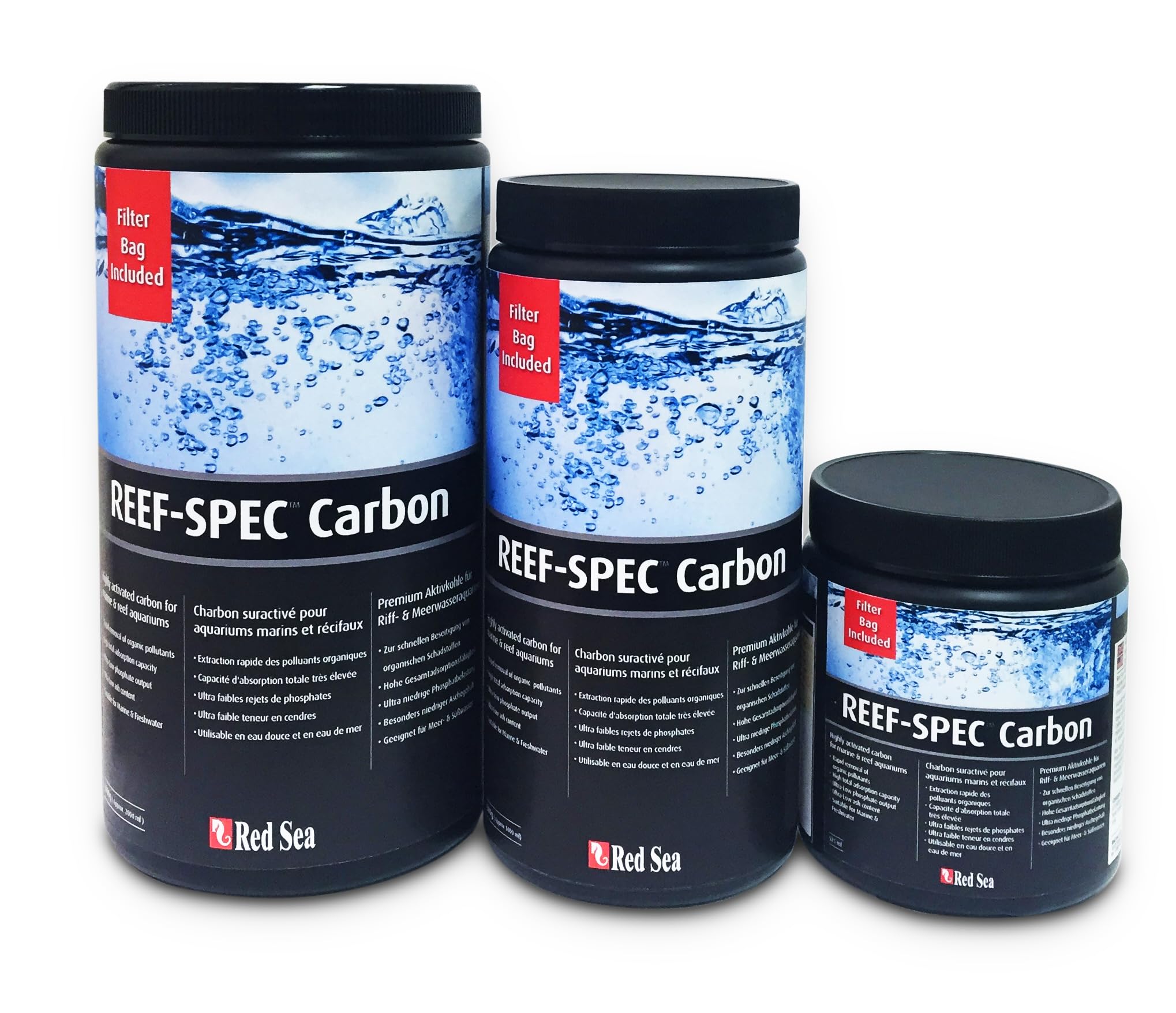 Red Sea Reef SPEC Carbon packaging highlights compact filter media for reef tanks.